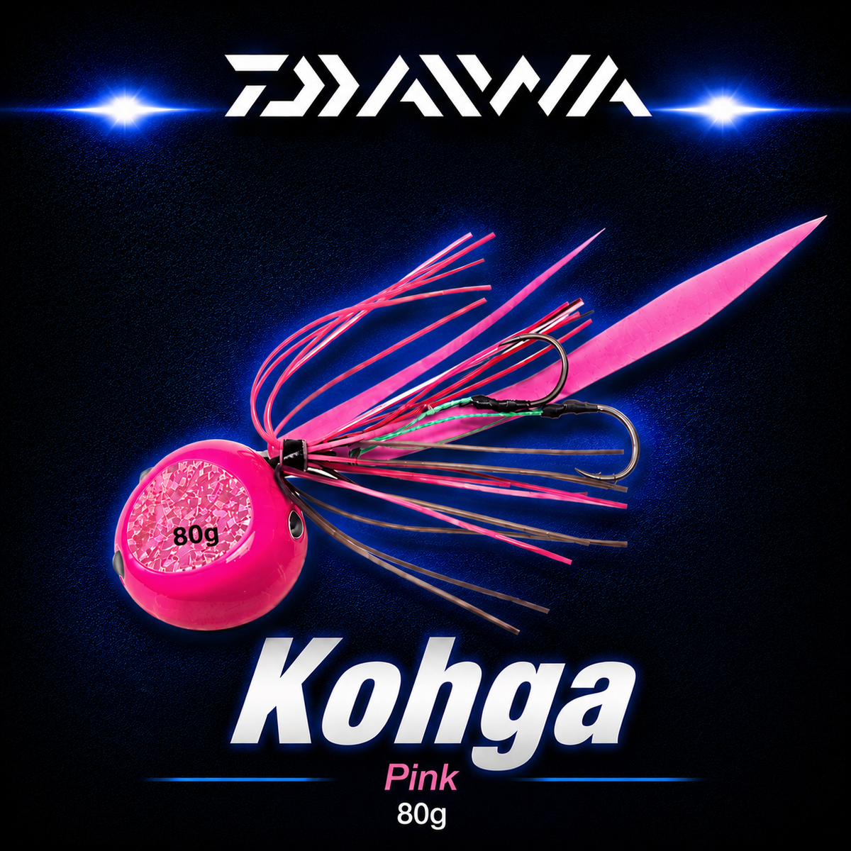 Daiwa Kohga Pink 80g fishing jig with bright pink head, reflective insert, flowing pink skirt and twin assist hooks.