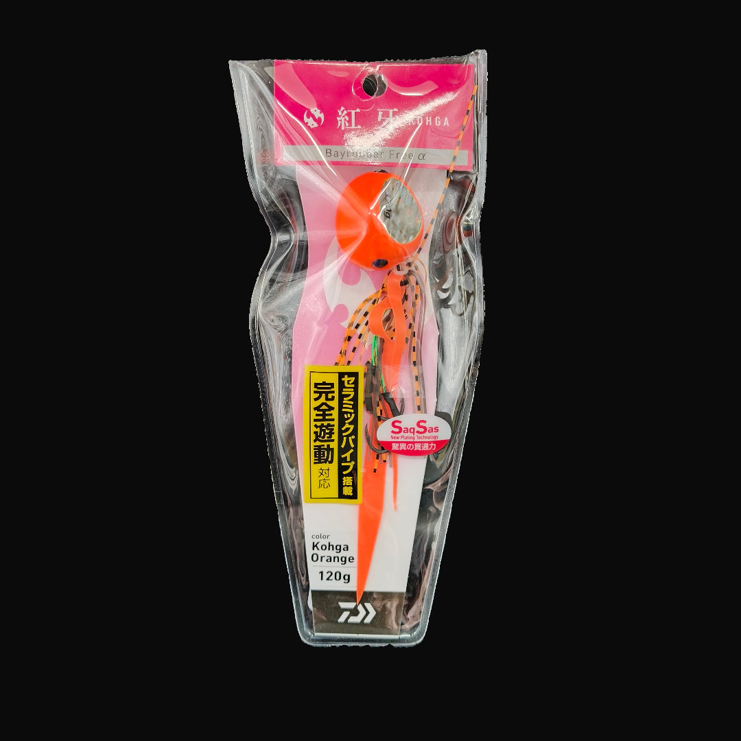 Daiwa Kohga Orange 120g slow jig with skirts and assist hooks