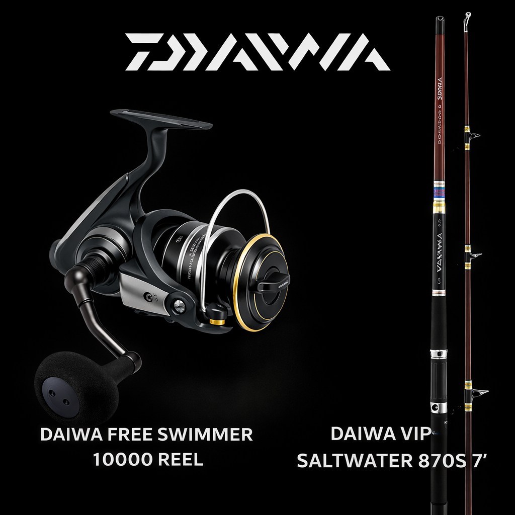 Daiwa Free Swimmer 10000 spinning reel with Daiwa VIP Saltwater 870S 7ft rod combo
