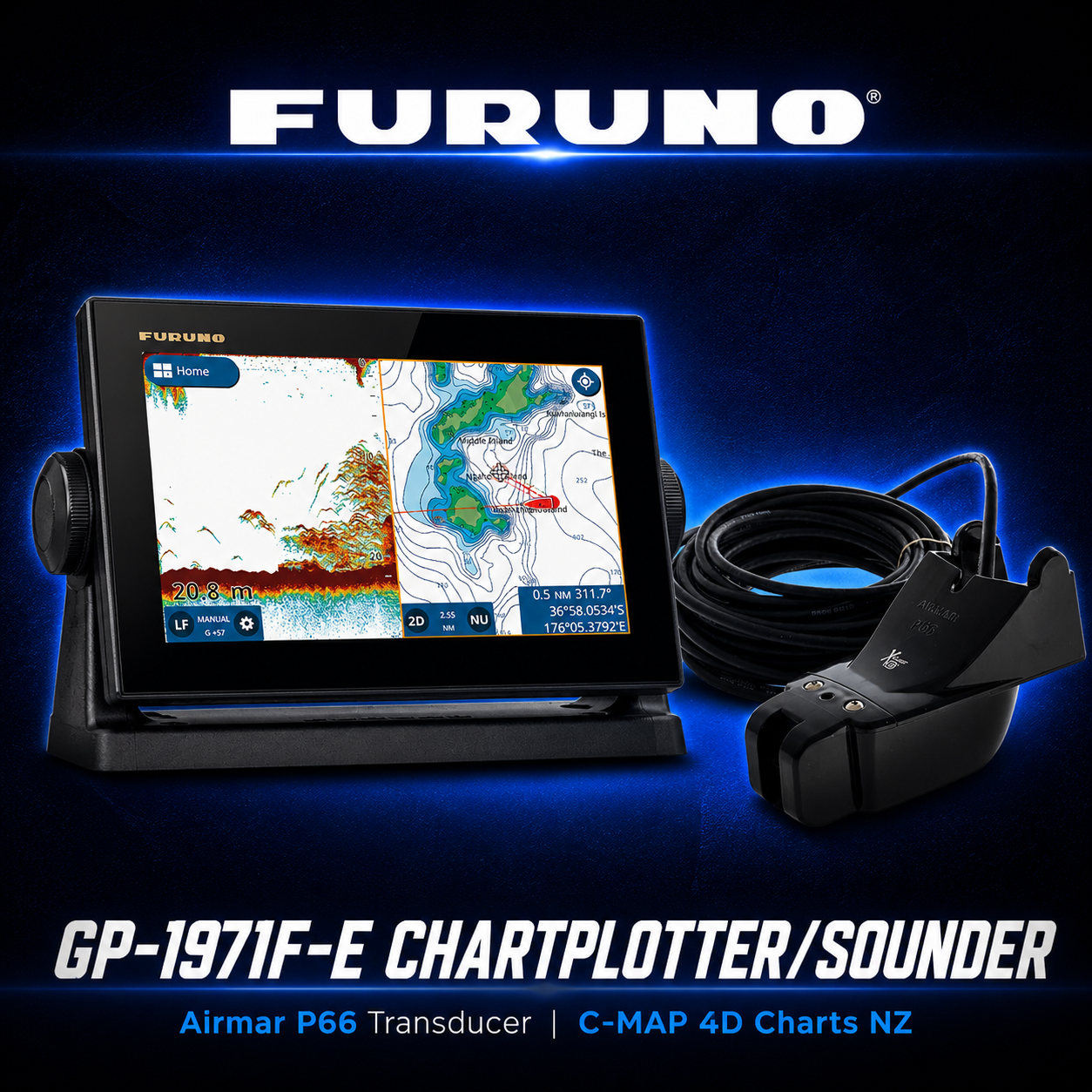 Furuno GP-1971F-E Chartplotter/Sounder Package | Airmar P66 Transducer | C-MAP 4D Charts NZ