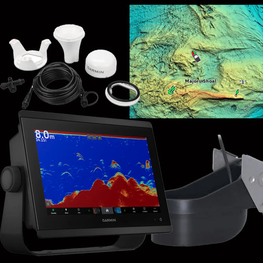 Garmin Offshore 12-inch marine package with GPSMAP 8412xsv, 1kW TM275LHW transducer, GPS 24xd antenna, New Zealand Navionics chart, and NMEA 2000 kit