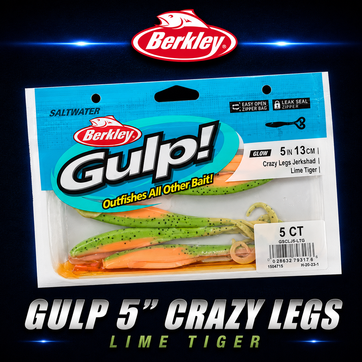 Berkley Gulp! 5" Crazy Legs in Lime Tiger – bright green softbait with tiger stripes and fluttering twin legs.