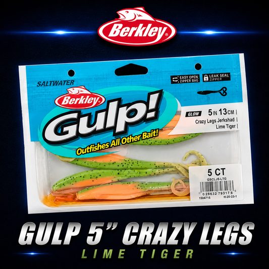Berkley Gulp! 5" Crazy Legs in Lime Tiger – bright green softbait with tiger stripes and fluttering twin legs.