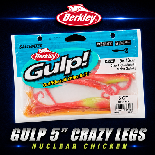 Berkley Gulp! 5" Crazy Legs in Nuclear Chicken – fluorescent green and pink softbait with fluttering legs and powerful scent.