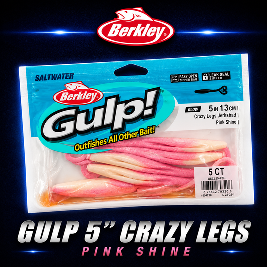 Berkley Gulp! 5" Crazy Legs in Pink Shine – pink softbait with fluttering legs and scent dispersion for saltwater predators.