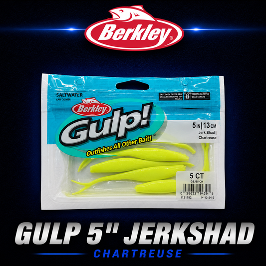 Berkley Gulp! 5" Jerk Shad in Chartreuse – high-visibility scented soft bait with darting baitfish action.
