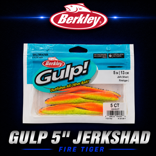 Berkley Gulp! 5" Jerk Shad in Fire Tiger – brightly coloured soft bait with darting action and scent dispersion.