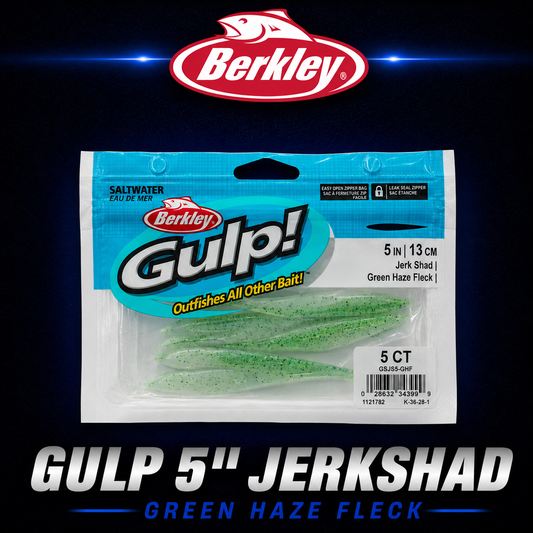Berkley Gulp! 5" Jerk Shad in Green Haze Fleck – natural green softbait with flecked flash and scented attraction.