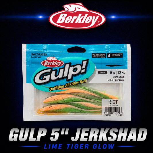 Berkley Gulp! 5" Jerk Shad in Lime Tiger Glow – glow-in-the-dark soft bait with darting action and scented attractant.
