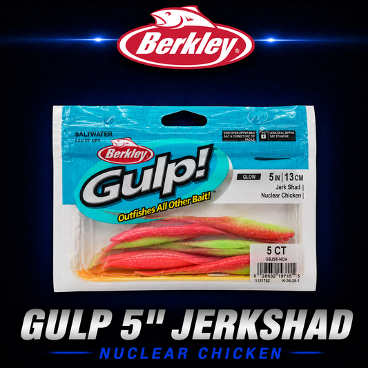 Berkley Gulp! 5" Jerk Shad in Nuclear Chicken – high-contrast soft bait with scent dispersion and darting baitfish action.