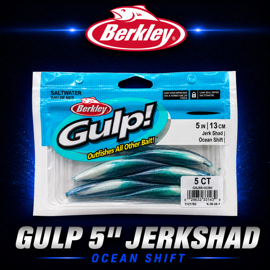 Berkley Gulp! 5" Jerk Shad in Ocean Shift – bright blue softbait with darting action and Gulp scent technology.