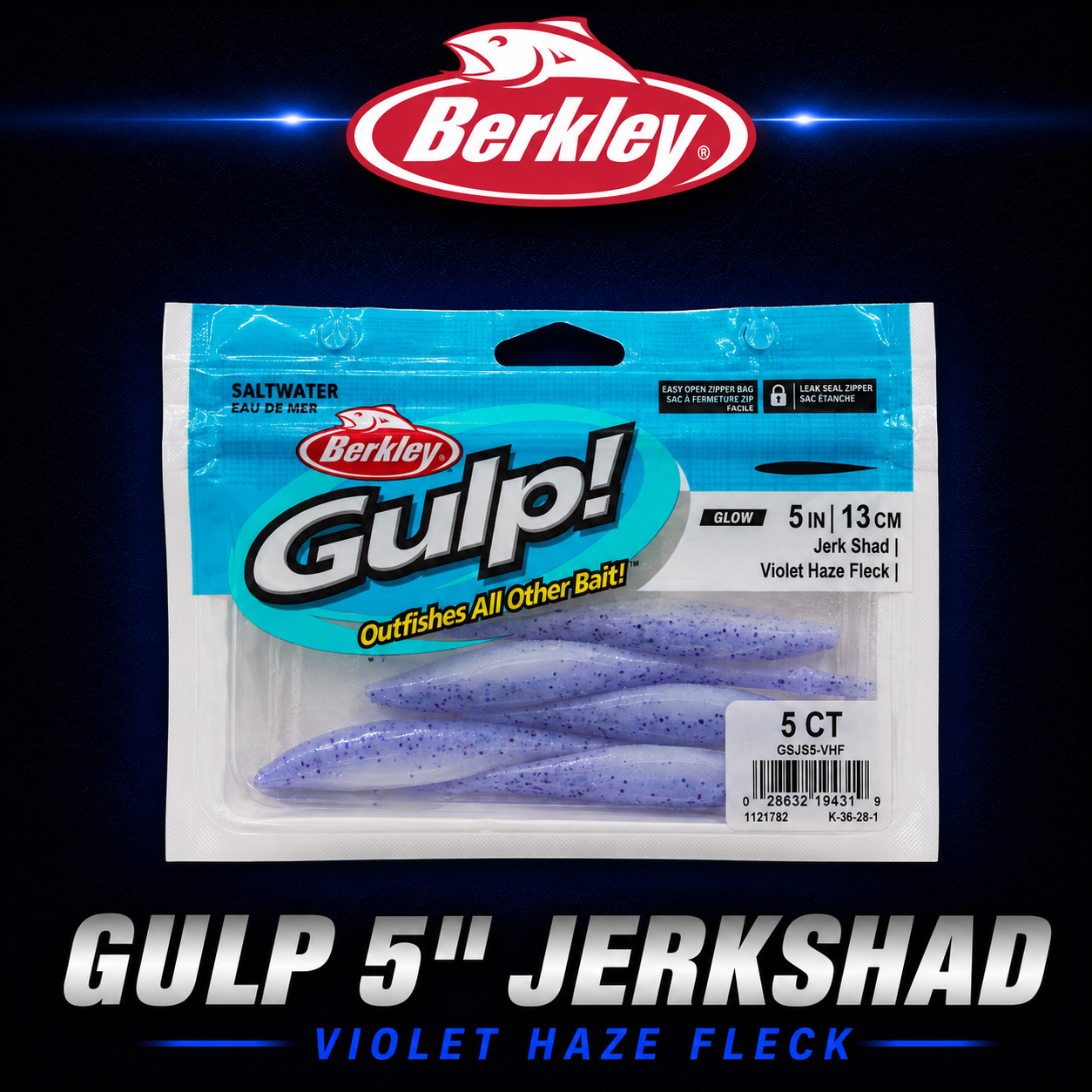 Berkley Gulp! 5" Jerk Shad in Violet Haze Fleck – scented softbait with natural shimmer and darting baitfish action.