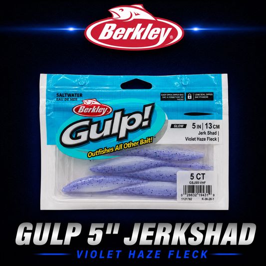 Berkley Gulp! 5" Jerk Shad in Violet Haze Fleck – scented softbait with natural shimmer and darting baitfish action.