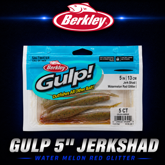 Berkley Gulp! 5" Jerk Shad in Watermelon Red Glitter – softbait with natural green tone, red sparkle, and irresistible scent.