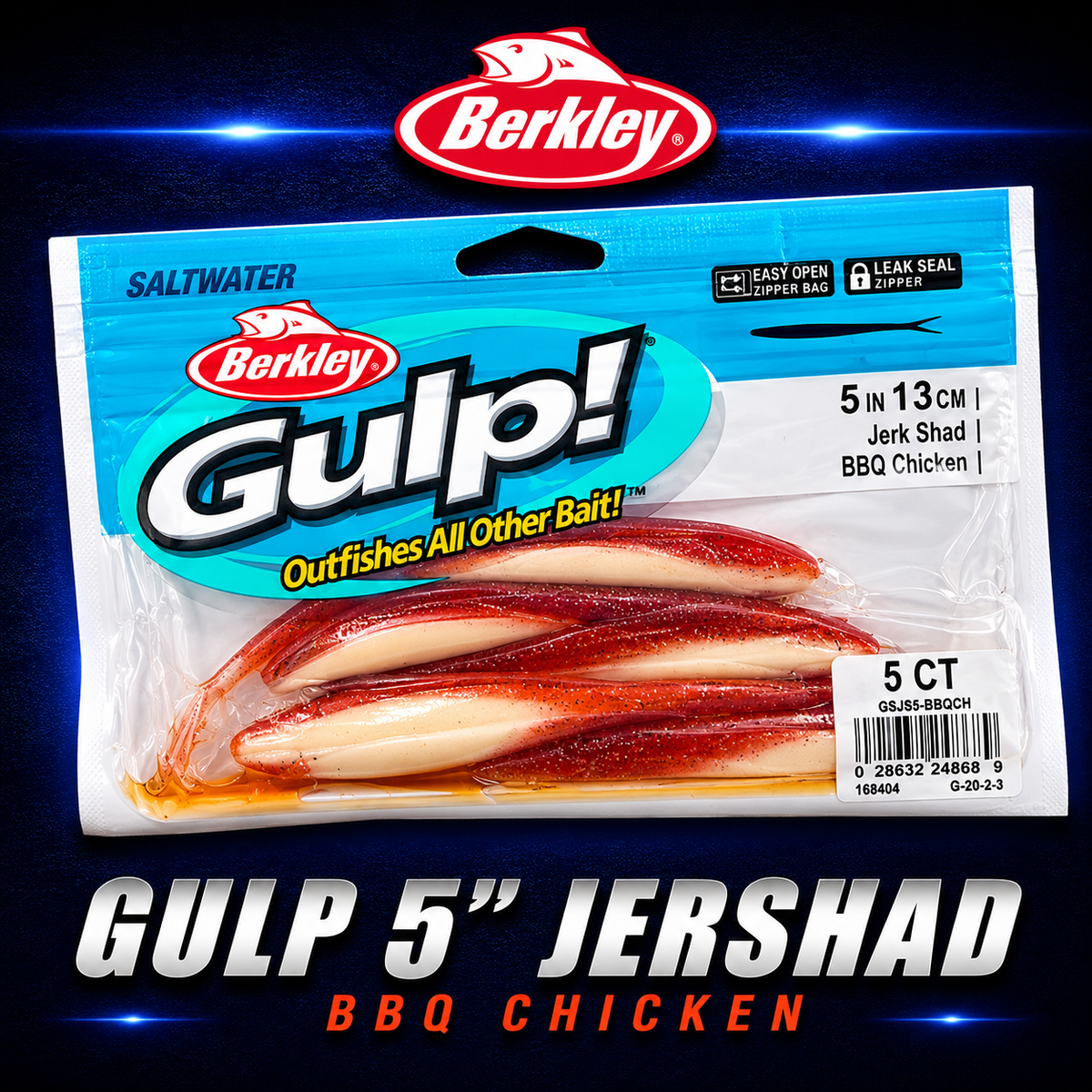 Berkley Gulp! 5" Jerk Shad in BBQ Chicken – high-contrast softbait with intense colour and erratic swimming action.