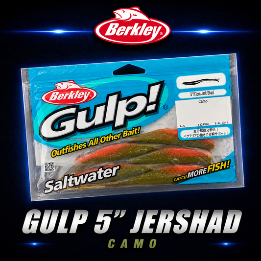Berkley Gulp! 5" Jerk Shad in Camo – lifelike softbait with natural tones and erratic darting action for inshore and offshore fishing.