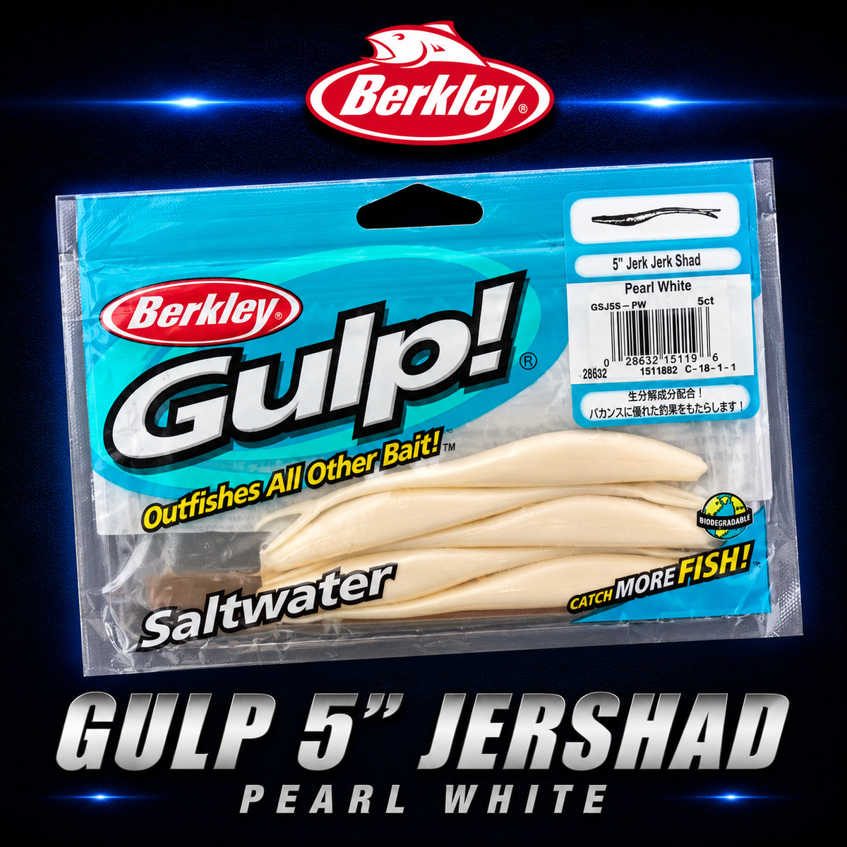 Berkley Gulp! 5" Jerk Shad in Pearl White – clean softbait with life like motion and scent dispersion for saltwater predators.