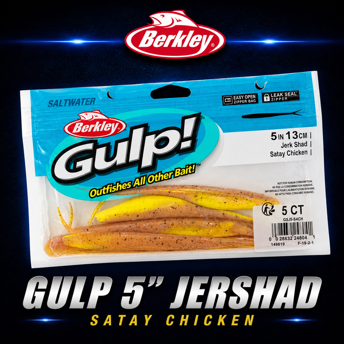 Berkley Gulp! 5" Jerk Shad in Satay Chicken – softbait with lifelike darting action and rich golden-brown colour.