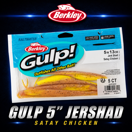 Berkley Gulp! 5" Jerk Shad in Satay Chicken – softbait with lifelike darting action and rich golden-brown colour.