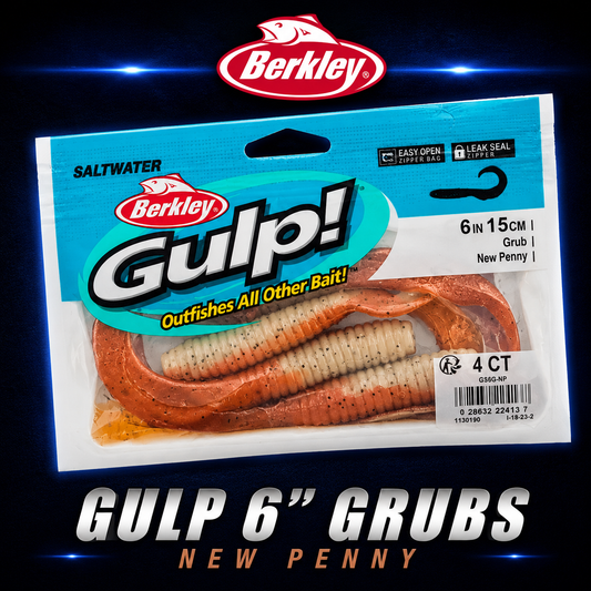 Berkley Gulp! 6" Grub in New Penny – copper-brown softbait with curly tail and scent dispersion.