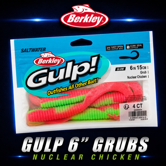 Berkley Gulp! 6" Grub in Nuclear Chicken – bright green and pink softbait with curly tail and powerful scent.