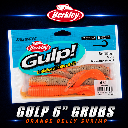 Berkley Gulp! 6" Grub in Orange Belly Shrimp – softbait with curly tail and orange belly, scented for saltwater fishing.