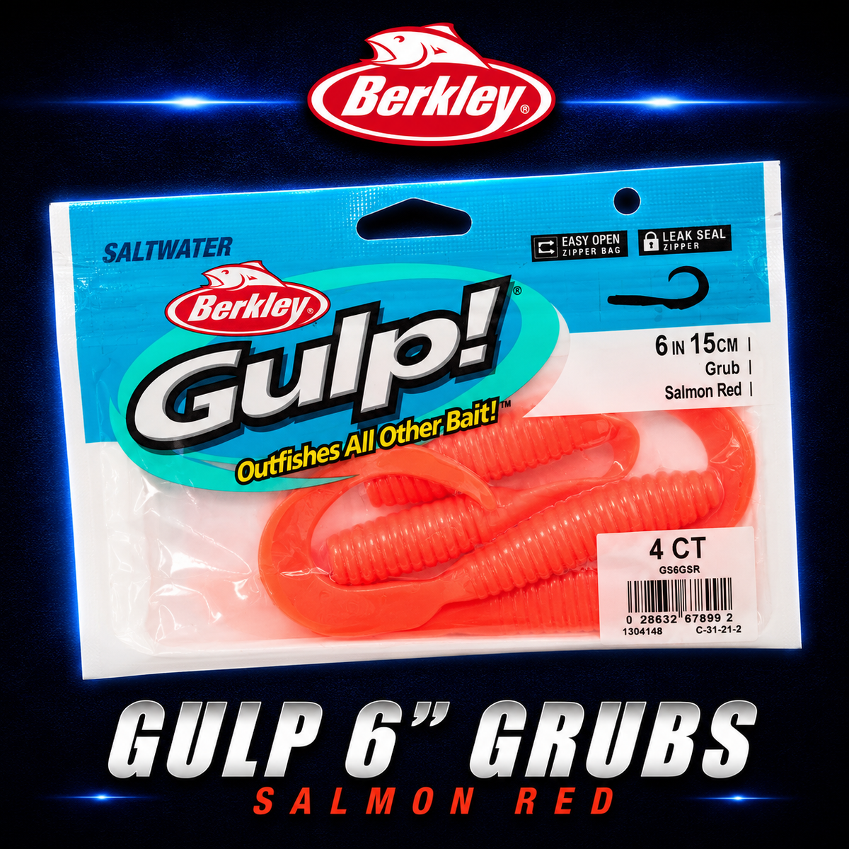 Berkley Gulp! 6" Grub in Salmon Red – pink-red softbait with curly tail and scent dispersion.