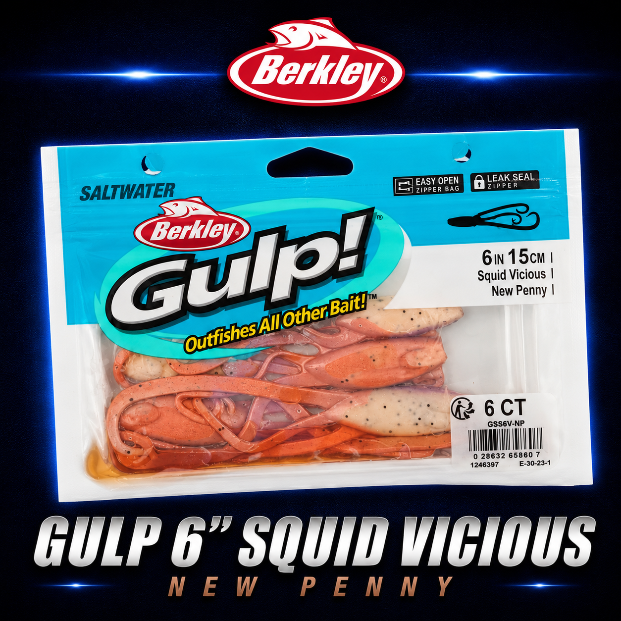 Berkley Gulp! 6" Squid Vicious in New Penny – copper-brown squid softbait with flexible tentacles and scent.