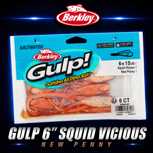 Berkley Gulp! 6" Squid Vicious in New Penny – copper-brown squid softbait with flexible tentacles and scent.