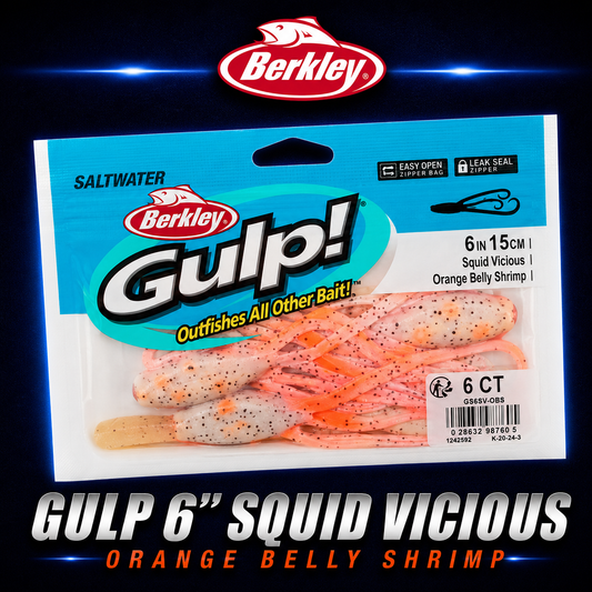  Berkley Gulp! 6" Squid Vicious in Orange Belly Shrimp – shrimp-coloured squid softbait with flexible tentacles and scent dispersion.