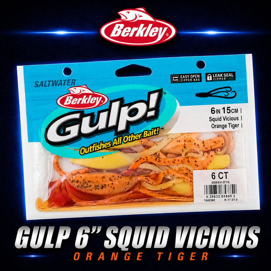 Berkley Gulp! 6" Squid Vicious in Orange Tiger – bright orange squid softbait with black tiger stripes and flexible tentacles.