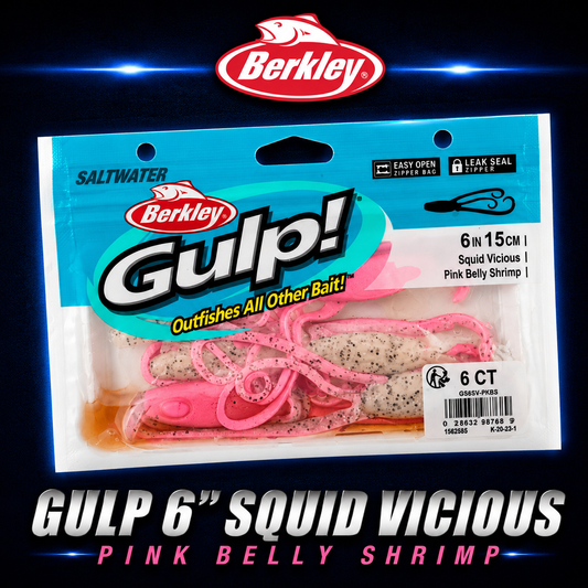Berkley Gulp! 6" Squid Vicious in Pink Belly Shrimp – shrimp-coloured squid softbait with flexible tentacles and scent dispersion.