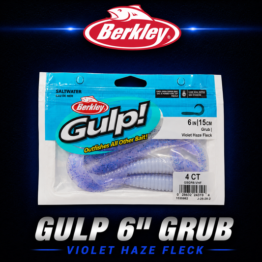 Berkley Gulp 6"  Violet Haze fleck grub, Softbait, Warren Hay Marine, Whangarei