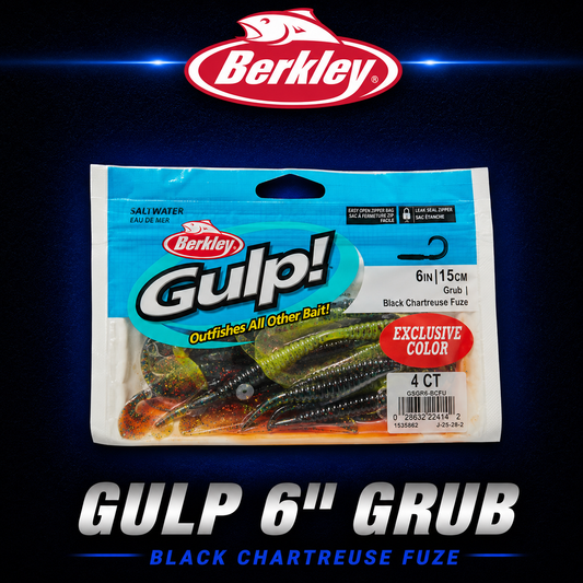 Berkley Gulp 6" Black Chartreuse Fuze grub, SoftBait, Warren Hay Marine, Whangarei 