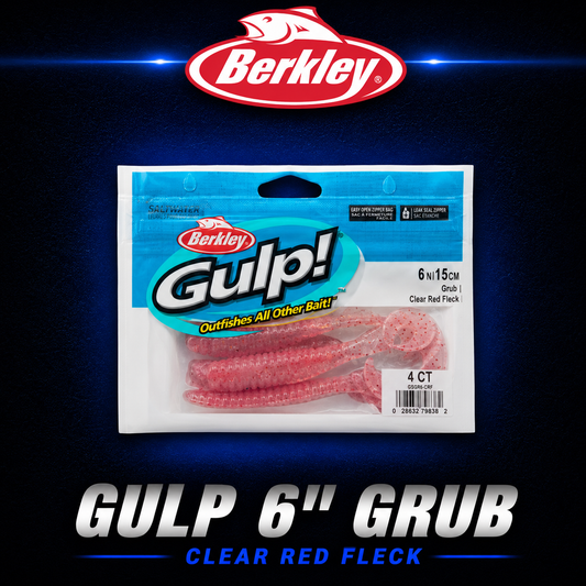 Gulp! 6" Grub in Clear Red Fleck – scented soft bait with curly tail action and red fleck flash for targeting snapper and kingfish.