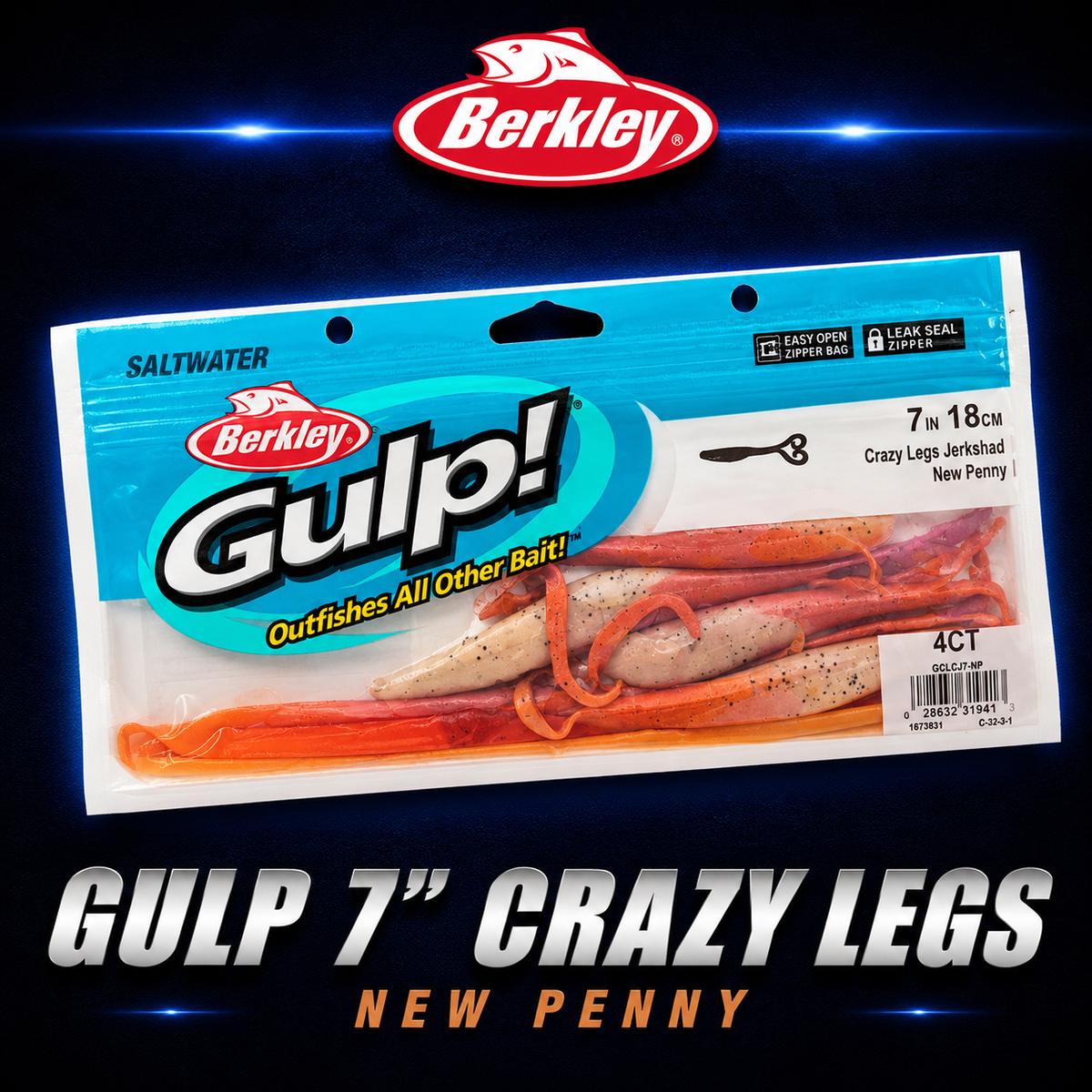 Berkley Gulp! 7" Crazy Legs in New Penny – natural copper-brown softbait with fluttering tails and scent dispersion.