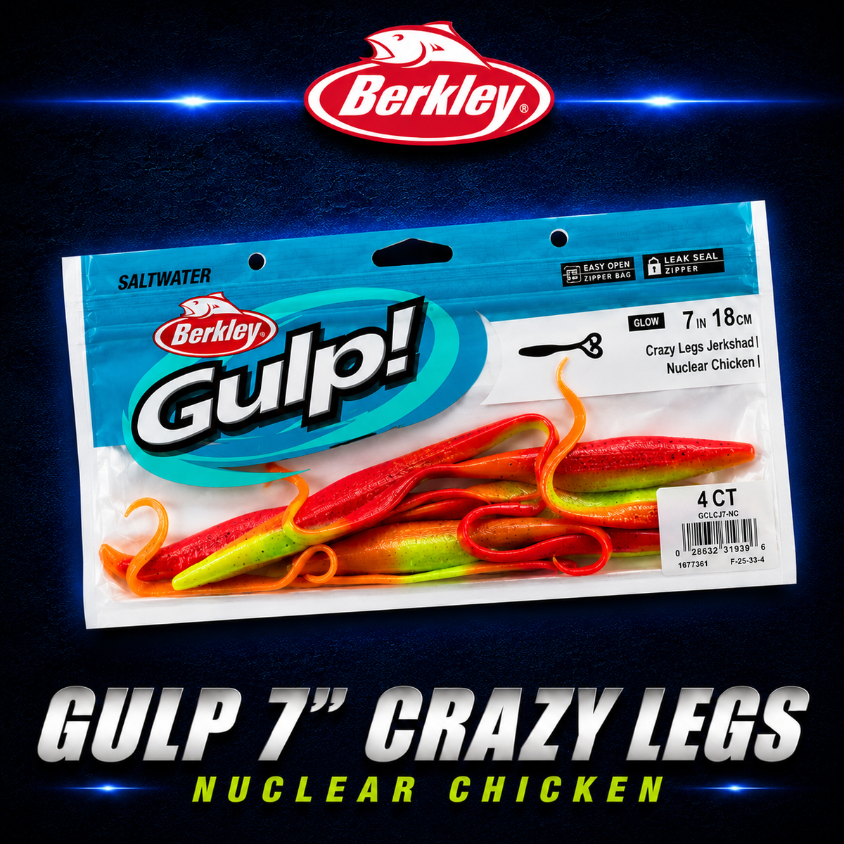 Berkley Gulp! 7" Crazy Legs in Nuclear Chicken – bright green and pink softbait with fluttering legs and scent dispersion.