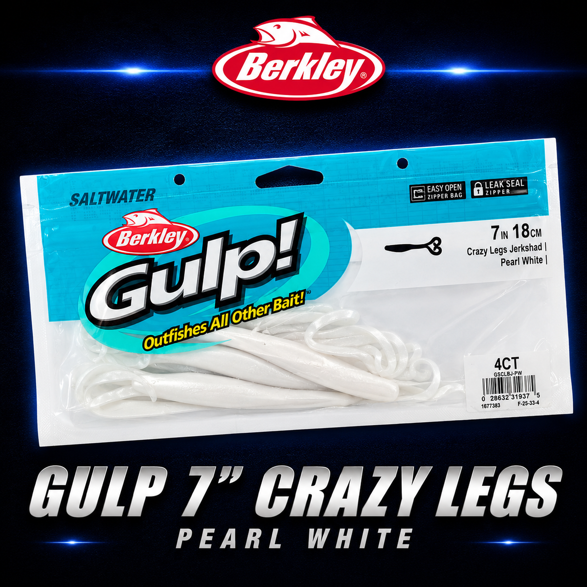 Berkley Gulp! 7" Crazy Legs in Pearl White – bright softbait with fluttering legs and scent dispersion for maximum fish attraction.
