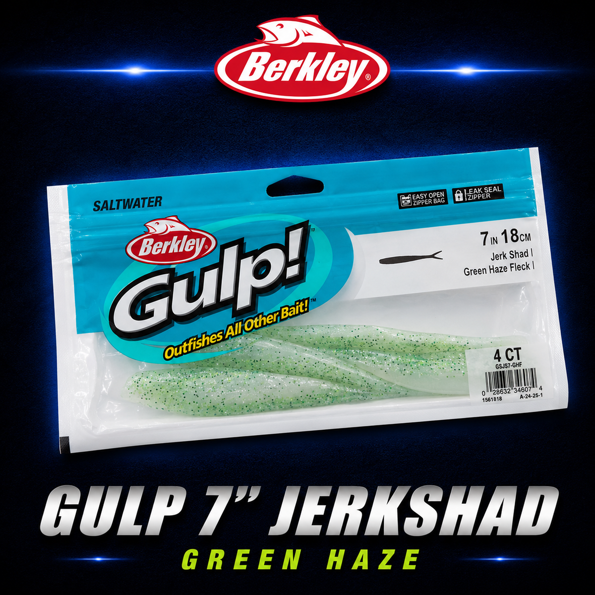 Berkley Gulp! 7" Jerk Shad in Green Haze Fleck – olive green softbait with glitter and natural movement for targeting predators.