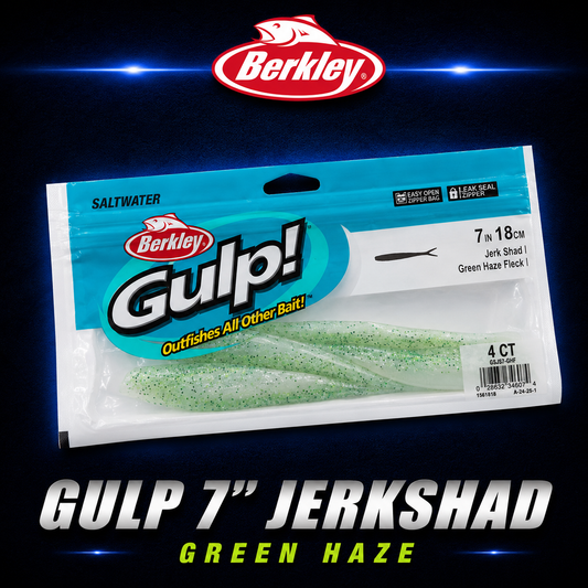 Berkley Gulp! 7" Jerk Shad in Green Haze Fleck – olive green softbait with glitter and natural movement for targeting predators.
