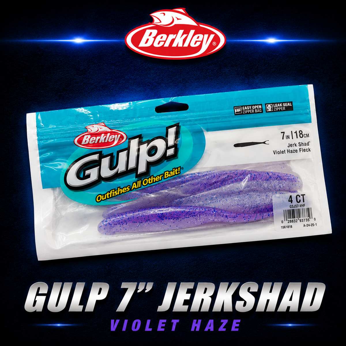 Berkley Gulp! 7" Jerk Shad in Violet Haze Fleck – purple softbait with glitter and scent dispersion for attracting large predators.