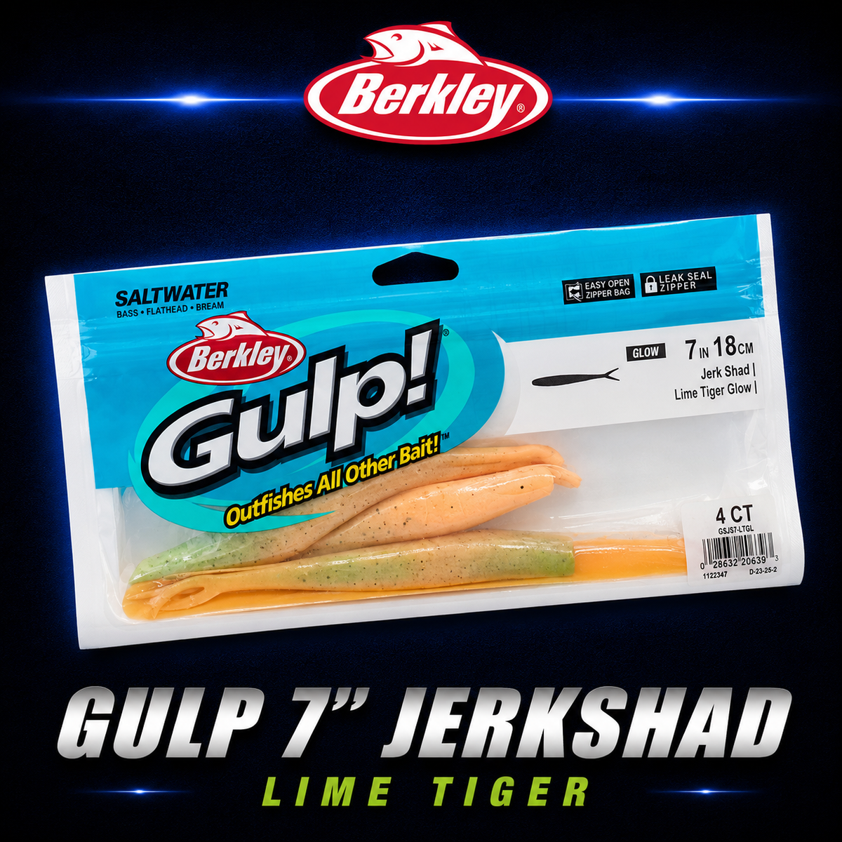 gulp jerk shad, lime tiger softbait, berkley gulp 7", bright soft plastic, kingfish lure, snapper bait, reef fishing softbait, berkley nz