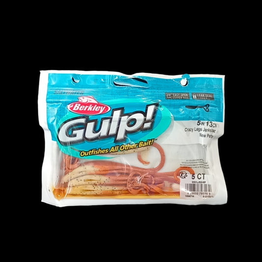 Berkley Gulp! 5" Crazy Legs in New Penny – copper-brown softbait with fluttering legs and powerful scent dispersion.