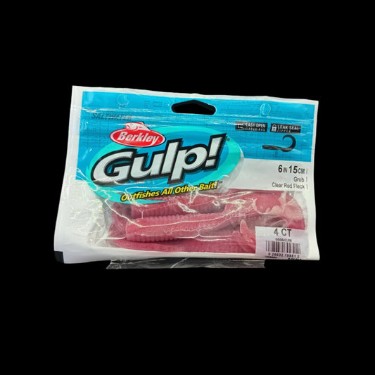 Gulp! 6" Grub in Clear Red Fleck – scented soft bait with curly tail action and red fleck flash for targeting snapper and kingfish.