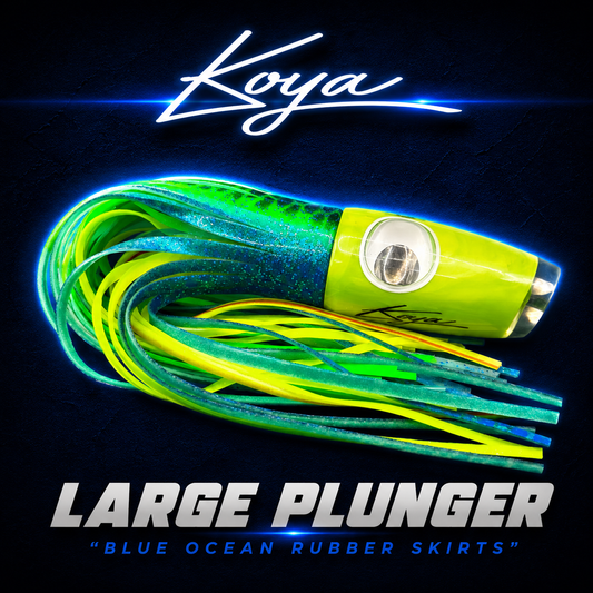 Koya large plunger game fishing lure, Skirted in Blue Ocean rubber skirts, Warren Hay Marine, Whangarei 