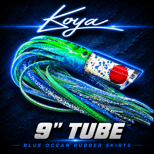 Koya 9" Tube game fishing lure, Skirted in blue ocean skirts, Warren Hay Marine, Whangarei