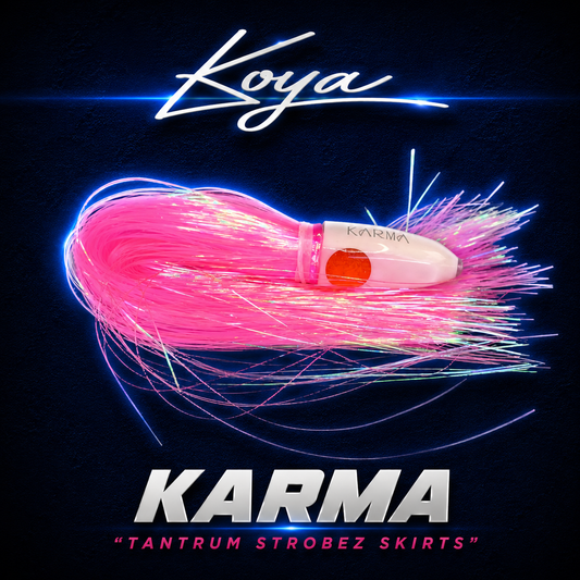 Koya Karma bullet head game fishing lure, Skirted in pink over pearl tantrum Strobez, Warren Hay Marine, Whangarei 