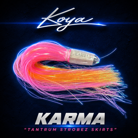 Koya Karma bullet head game fishing lure, skirted in pink over orange Tantrum Strobez skirts, Warren Hay Marine, Whangarei 