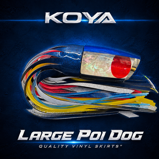 Koya large poi dog game fishing lure skirted in vinyl skirts with Newell highlights. 