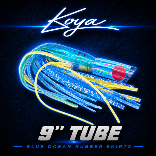 Koya 9" tube game fishing lure, skirted in blue ocean rubber skirts, Warren Hay Marine, Whangarei